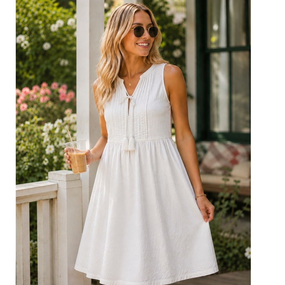 Universal Thread White Linen Blend Pintuck Tassel V-Neck Sleeveless Dress XS